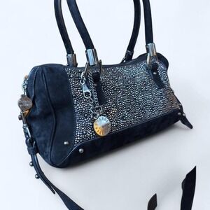 Y2K vintage Stuart Weitzman Black Suede Crystal Stud Satchel Bag